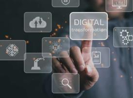 An image of a finger touching a bouton on a screen which says "digital transformation"
